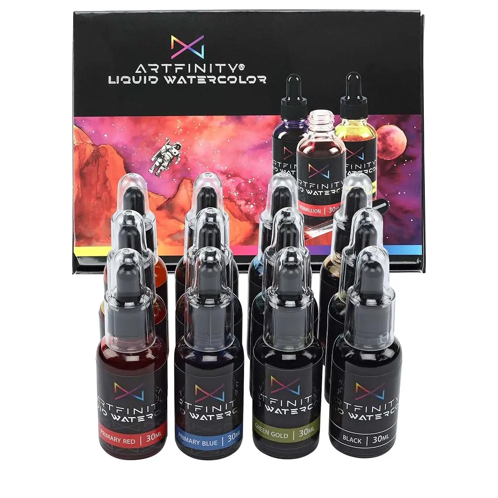 Artfinity 30 ml Liquid Watercolor Paint Kit - 12 Vibrant Colors, Fast-Drying, with Glass Pipette, for Calligraphy, Watercolor Painting, Arts Crafts Supplies