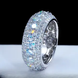 Full Moissanite Iced Out Five Row Ring, Hypoallergenic Hip Hop Band Ring for Men Women, Shiny Icy Bling Jewelry for Rapper Party Birthday Gift