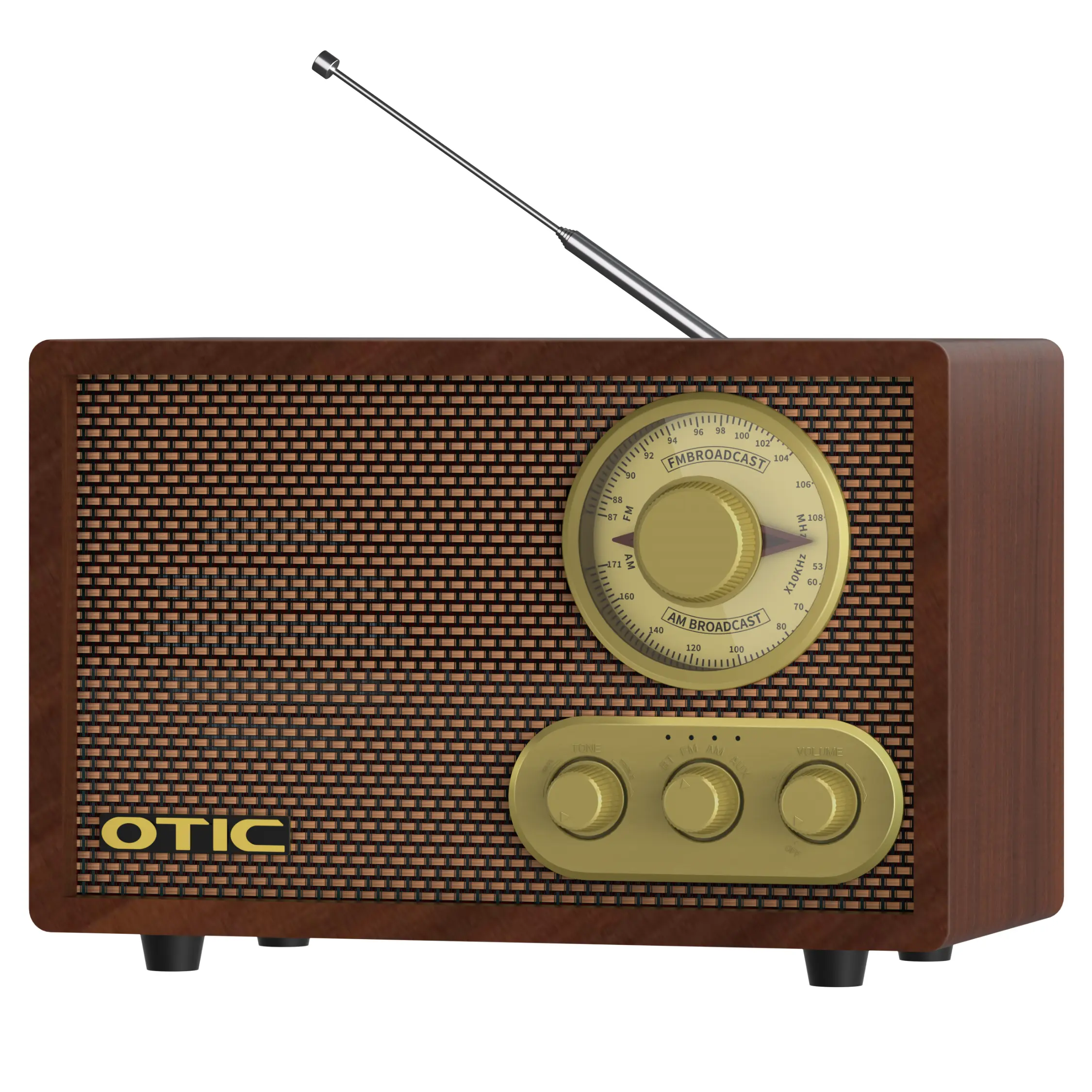 OTIC Retro Walnut Wood Bluetooth Stereo Radio Receiver - Portable Rechargeable AM/FM Radio with Built-in Speakers, Dial Switch, Bass-Treble Control, Wireless Streaming, Aesthetic Vintage Design, Room Accessories Gift for Home, Office, Home Decor