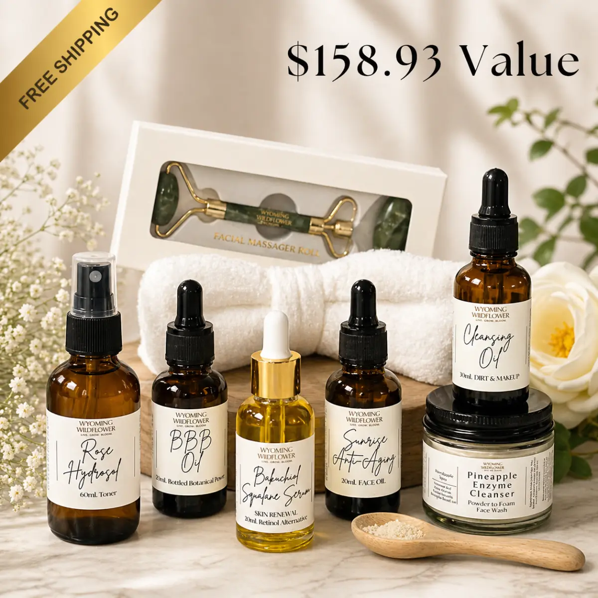 Beauty Box Skincare Kit | Organic Anti-Aging Skincare Kit | Bakuchiol | Bottled Botanical Botox | Pineapple Enzyme Cleanser | Rose Hydrosol | Complete Skincare Routine
