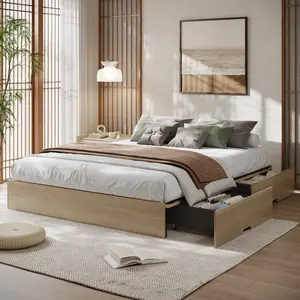 Bed Frame with 2 Storage Drawers, Wooden Low Profile Bed Frame, No Headboard, No Box Spring Needed