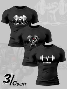 Men's 3-piece Dumbbell Pattern Round Neck Short Sleeve T-shirts, Slightly Elastic Fabric, Breathable Sports and Leisure Clothing, Street Layering Slim-fit T-shirts for Bodybuilding, Commuting & Daily Wear