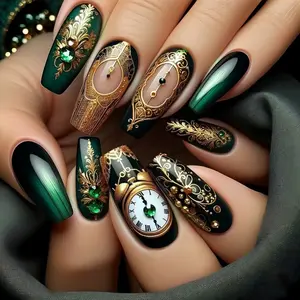 Elegant Ballet Shape Fake Nails Set, 24 Pieces, Deep Base with Gold Foil Vine Design, Vintage Watch & Lace Patterns