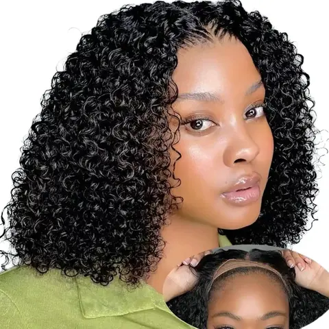 【Black Friday】Beginner Friendly Curly Human Hair Bob Wig - 5x5 HD Lace Frontal, Glueless, Pre-Plucked, Pre-Styled Natural Black Short Human Hair Wig for Easy Wear-and-Go Use, Beginner Friendly Wigs, Glueless Wigs Human Hair