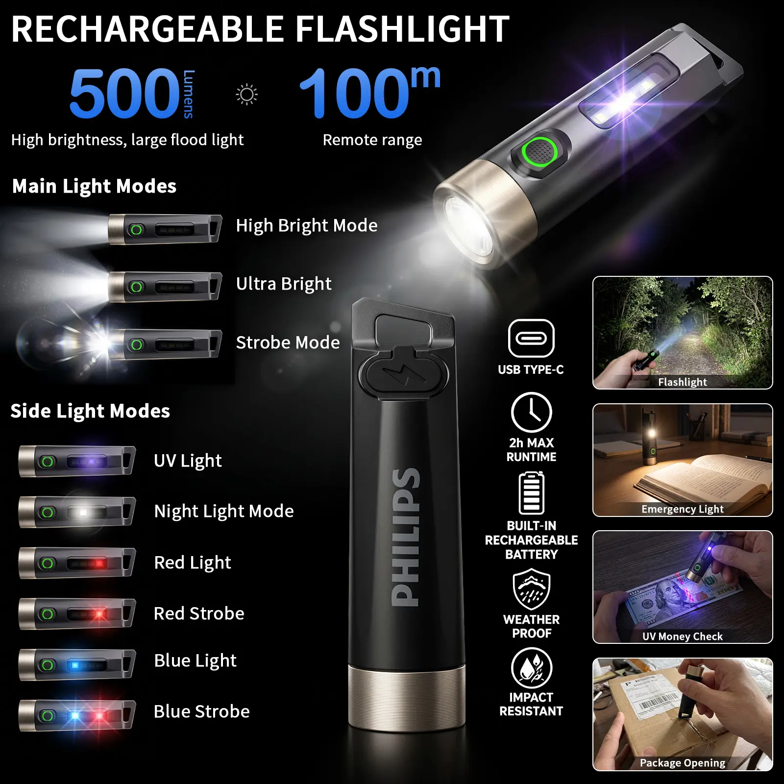 Philips Mini Keychain Flashlight, USB-C Rechargeable LED Pocket Light with 3 Brightness Levels and Side Light