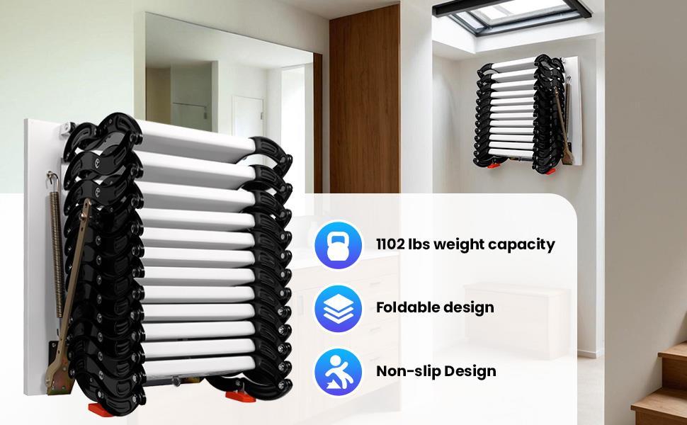 Wall-Mounted Attic Ladder, Robust 12-Step Retractable Stairs with Handrails, 118 in Height, 1102 lbs Capacity, Sturdy Wide Pedals, Black Electrostatic Spraying, Comfortable Use Experience for Various Floors, Contact Through Amazon