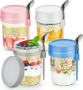 Deal - Overnight Oats 4 Pack with Lids & Spoons 16 Oz Glass Mason Jars - Leak Proof Oatmeal Container for Meal Prep and Fruit, Vegetable, and Milk Salads