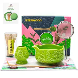 TEANAGOO 7-PCS Green Matcha Whisk Set with Cherry Blossom Design, Complete Ceremony Kit, Ceramic Chawan Bowl with Spout, Whisk & Accessories, Traditional Matcha Tea Set for Lattes& Gift Giving