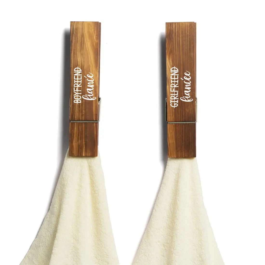 12-in Modern Wooden Giant Clothespin Towel Holders - Set of 2 Unisex Self-Adhesive Wall-Mount Sticky Hooks, Firm Grip, Quick Drying, Ample Storage for Husband, Bathroom, Kitchen Home Supplies Decor