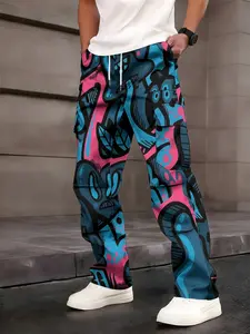 One-piece pink and blue color-block graffiti patchwork men's cargo pants with American retro style and multi-pocket design Casual Fashion Pants