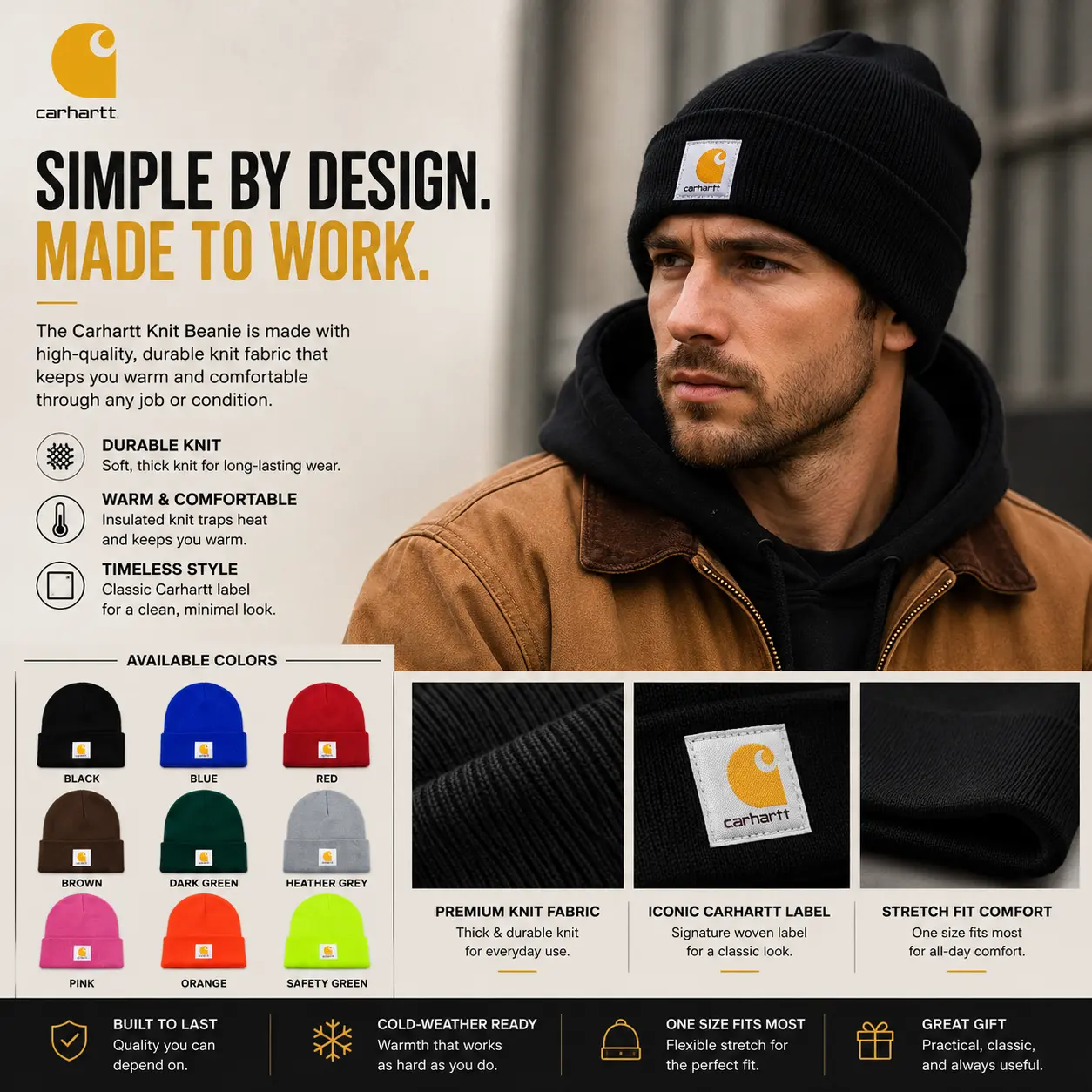 Carhartt Winter Knit Watch Beanie Warm Acrylic Stretch Hat for Men Women Cuffed Skull Cap Outdoor Workwear Cold Weather Streetwear Casual Everyday Wear Soft Comfortable One Size Adult Fashion