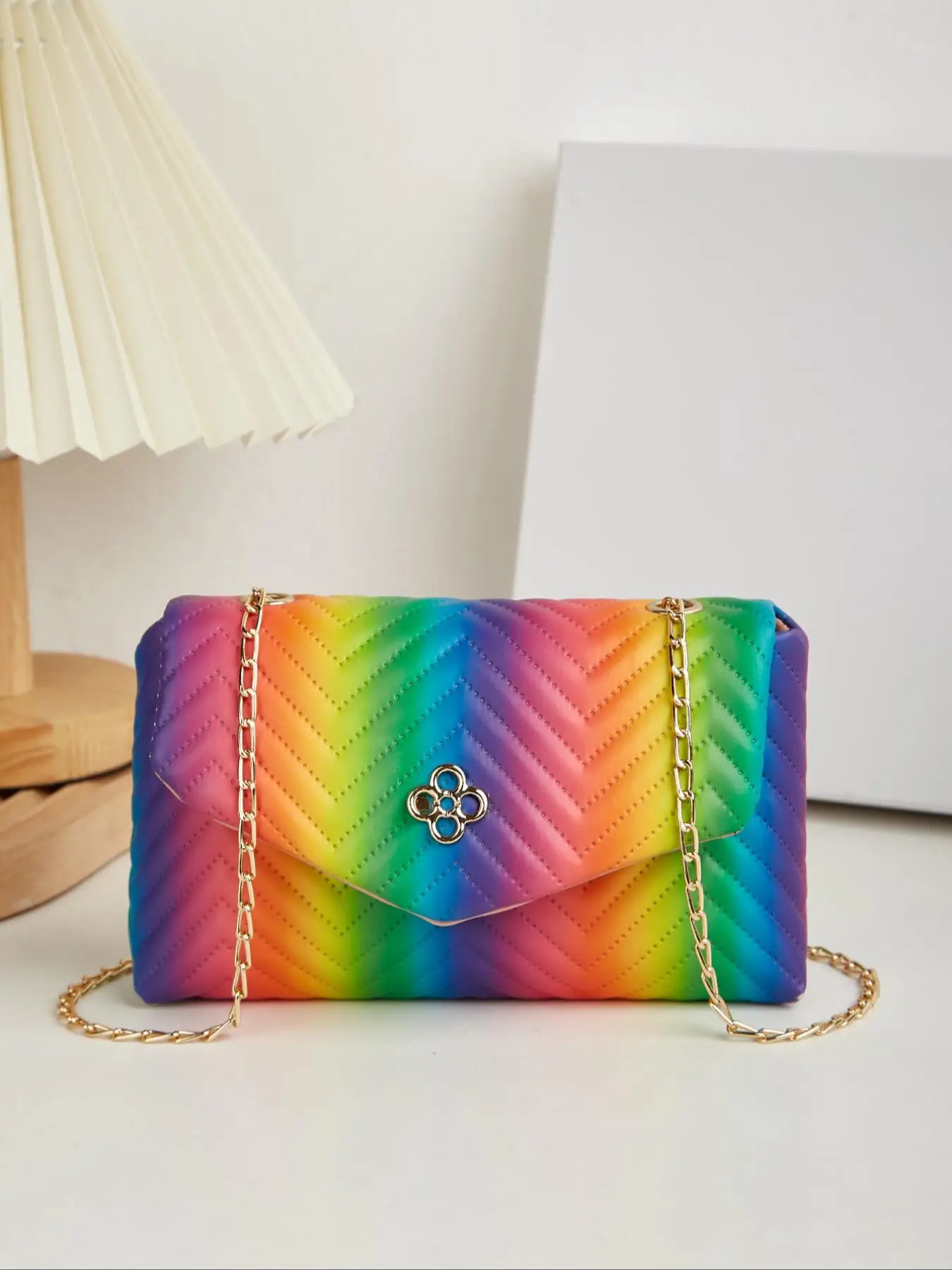 Women's Elegant Colorful Pu Leather Quilted Crossbody Bag, LGBT Rainbow Pattern Chain Strap Shoulder Bag, Casual Versatile Square Bag for Women