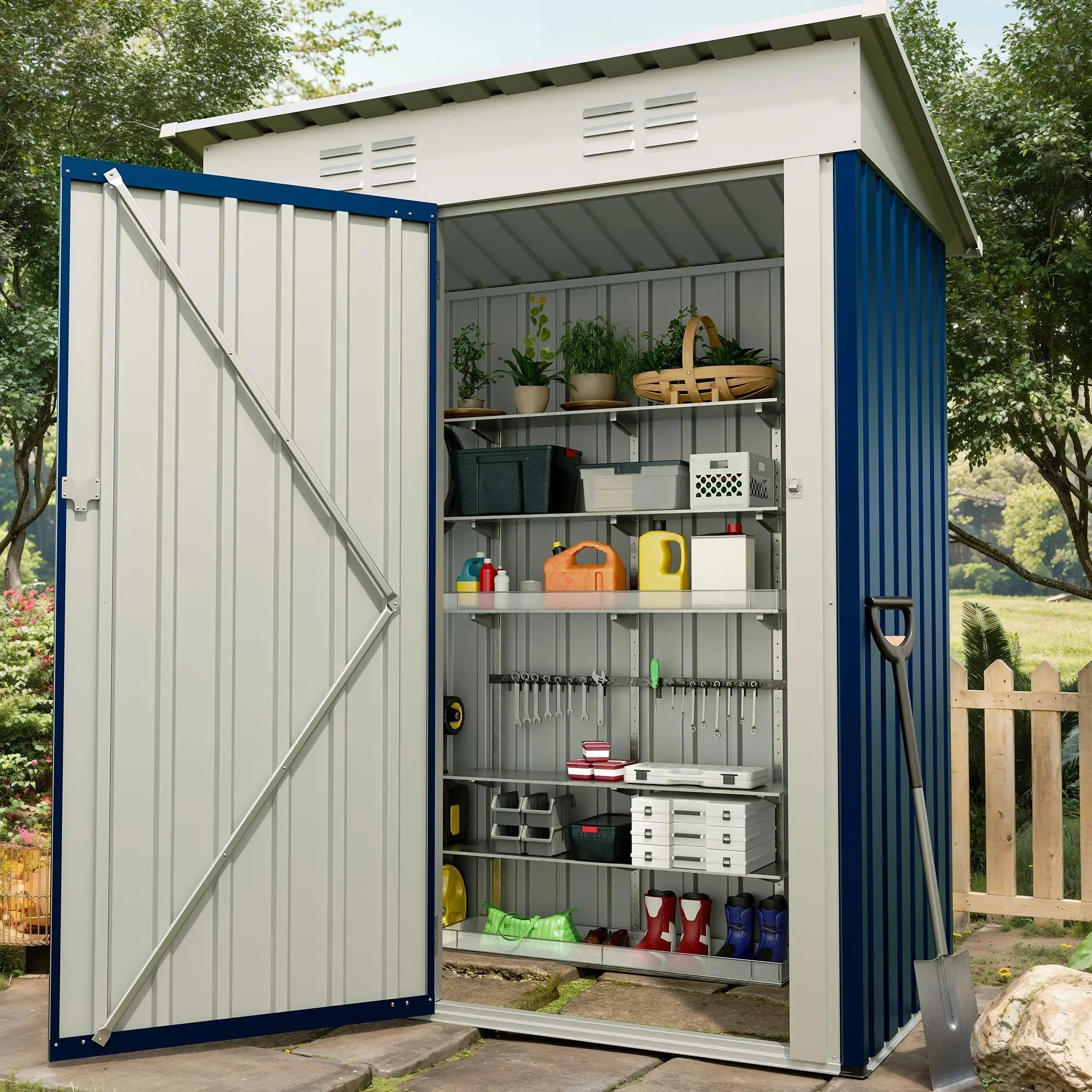 Durable Garden Shed - Heavy-Duty Galvanized Steel Outdoor Storage Box with Lockable Door, Rainproof Sunproof Sloped Roof, 152x90x183 cm Blue Modern Finish for Patio Gardening Needs, Heavy Duty Shed