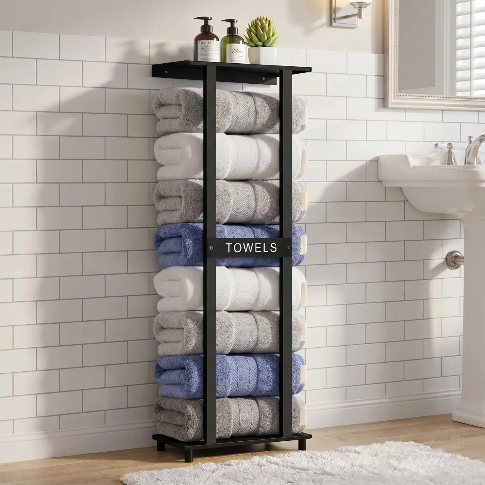 Bathroom Retractable Towel Storage Rack, Towel Racks for Bathroom Wall Mounted 30 inch with Shelf Can Holds 6 Large Towels, Wall Mount Towel Rack for Rolled Towels, Black