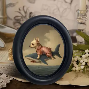 Vintage Dog Riding Shark Oval Frame Animal Design Decorative Painting, Perfect for Christmas Thanksgiving Home Office Wall Decoration