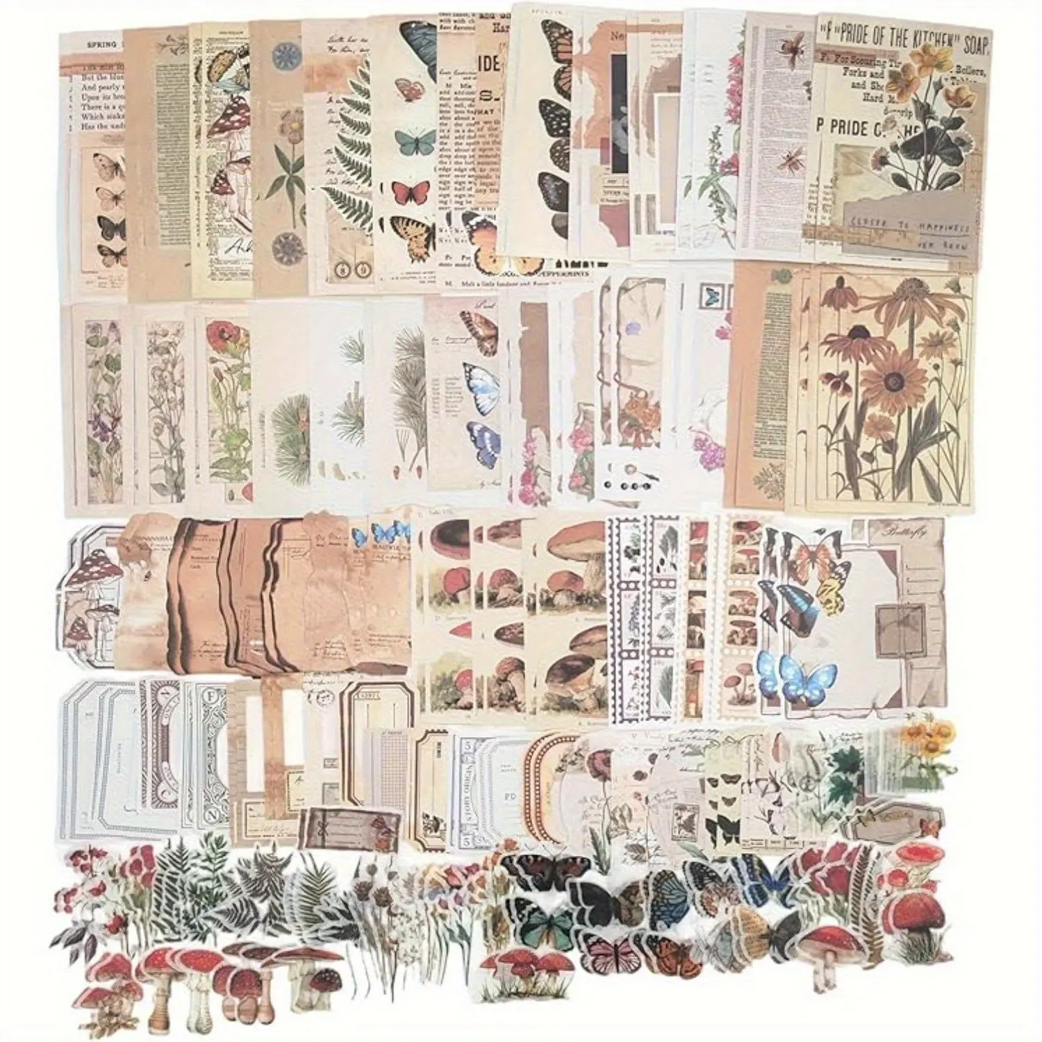 Nature-Inspired Scrapbooking Kit - 200-Piece Ephemera Set with 80 Washi Stickers, 120 Papers - Butterfly Garden, Botanical Prints, Vintage Elements, Woodland Creatures - Office Stationery for Customization, Mini Projects, Organic Customization, Variety, C