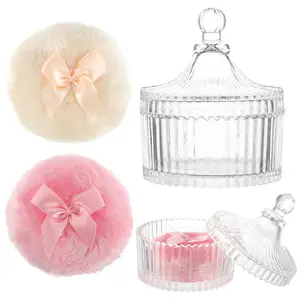 3 PCS Large Body Powder Puff and Container Powder Container with 2 Pcs 3.54 Inch Puff Soft Velour Reusable Washable Crystal Case Valentine's Day Gift for Face Body Glitter Makeup Wet Dry Use