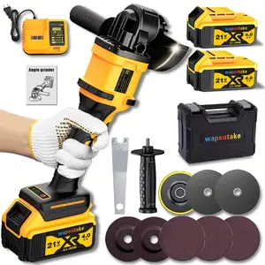 Wapentake Heavy-Duty 21V Wireless Angle Grinder Set, Rechargeable Lithium-Ion Cordless Power Tool with Fast Charger, Complete Abrasive Discs, Tools and Gadgets for Steel Cutting, Surface Polishing, Construction Workshop Use