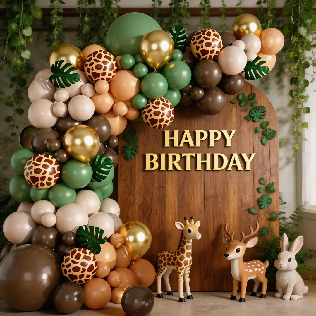 114pcs African Jungle Wildlife Zoo Balloon Garland Set, Sage Animal Print Latex Balloons, Giraffe Theme Happy Birthday Party Decorations, Balloon Arch Garland, Balloon Arches Decorations