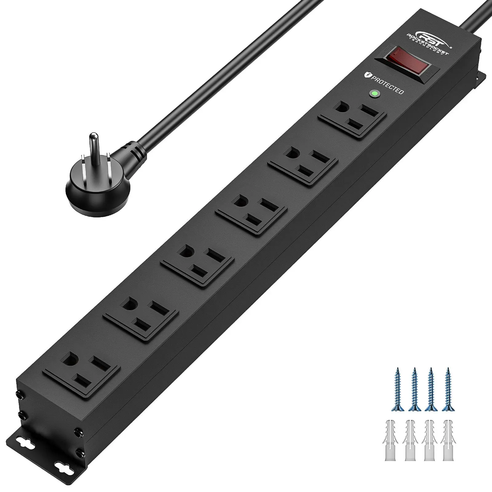CRST 6 Outlets Wide Spaced Mountable Metal Power Strip 6FT Flat Plug 15Amp Circuit Breaker 2100 Joules Protection with Mounting Kits Included Aluminium Alloy Housing