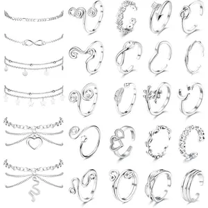 FUNRUN Toe Rings and Ankle Bracelets for Women Silver Rose Gold Plated Anklet Toe Rings Cute Layered Anklets Open Tail Rings Adjustable Beach Foot Jewelry for Summer