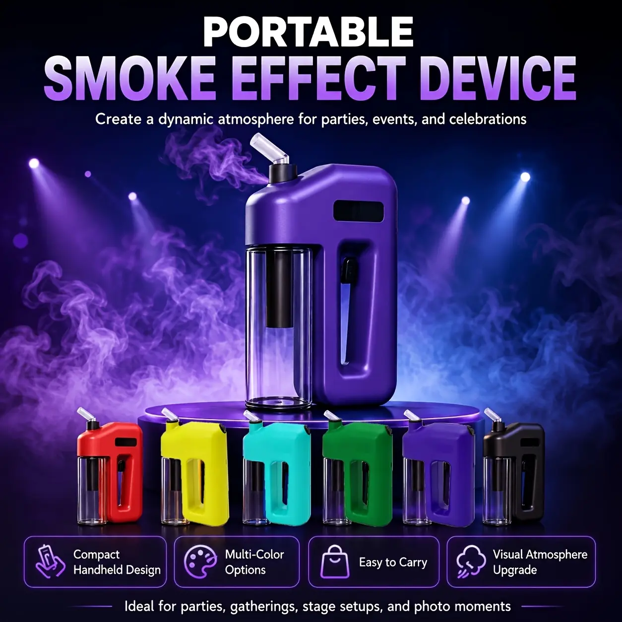 Portable Mini Fog Machine - Handheld Rechargeable Smoke Generator with 6 Color Options, Stage Effects Tool for Wedding Events, No Accessories Included