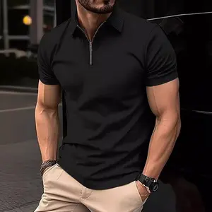 Men's Waffle Texture Solid Color Zipper Polo Shirt Regular Fit Casual Short Sleeve Half-Zip Polo Shirt For Spring And Summer Fitted 100% Polyester