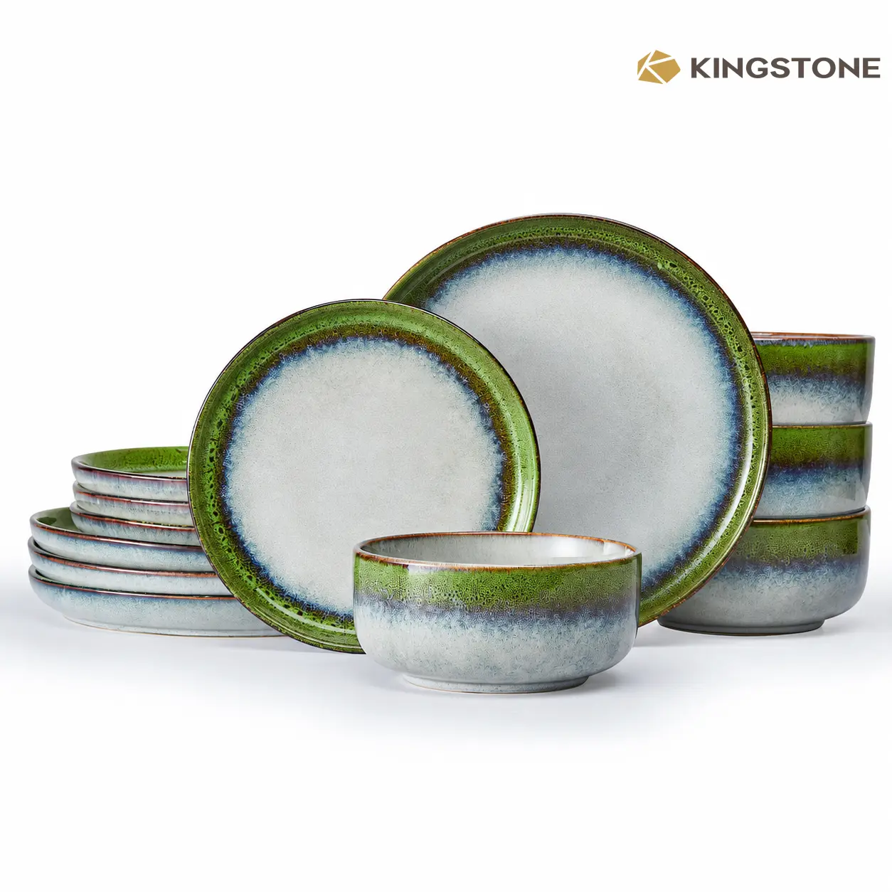 KINGSTONE Reactive Glaze Ceramics Rustic Stoneware Dinnerware Set - Scratch-Resistant, Shatterproof, Microwave-Safe, Dishwasher-Safe, Casual Nature-Inspired Tableware for Daily Use & Parties (Models 11404,11405,11407)