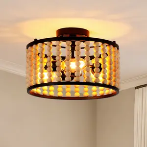 Wood Bead Flush Mount Ceiling Light, Elegant Rustic Ceiling Light Fixture, E26 Base, Durable Boho Style for Dining Room, Living Room, Bedroom