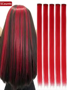 5 PCS Red/Blue/Pink Colored Clip In Hair Extensions 20 Inch Long Straight Hairpieces Clip In Synthetic, Lightweight Individual Extensions, Halloween Cosplay Dress Up Party Christmas New Year Gift For Women Kids Girls Carnival Music Festival Use