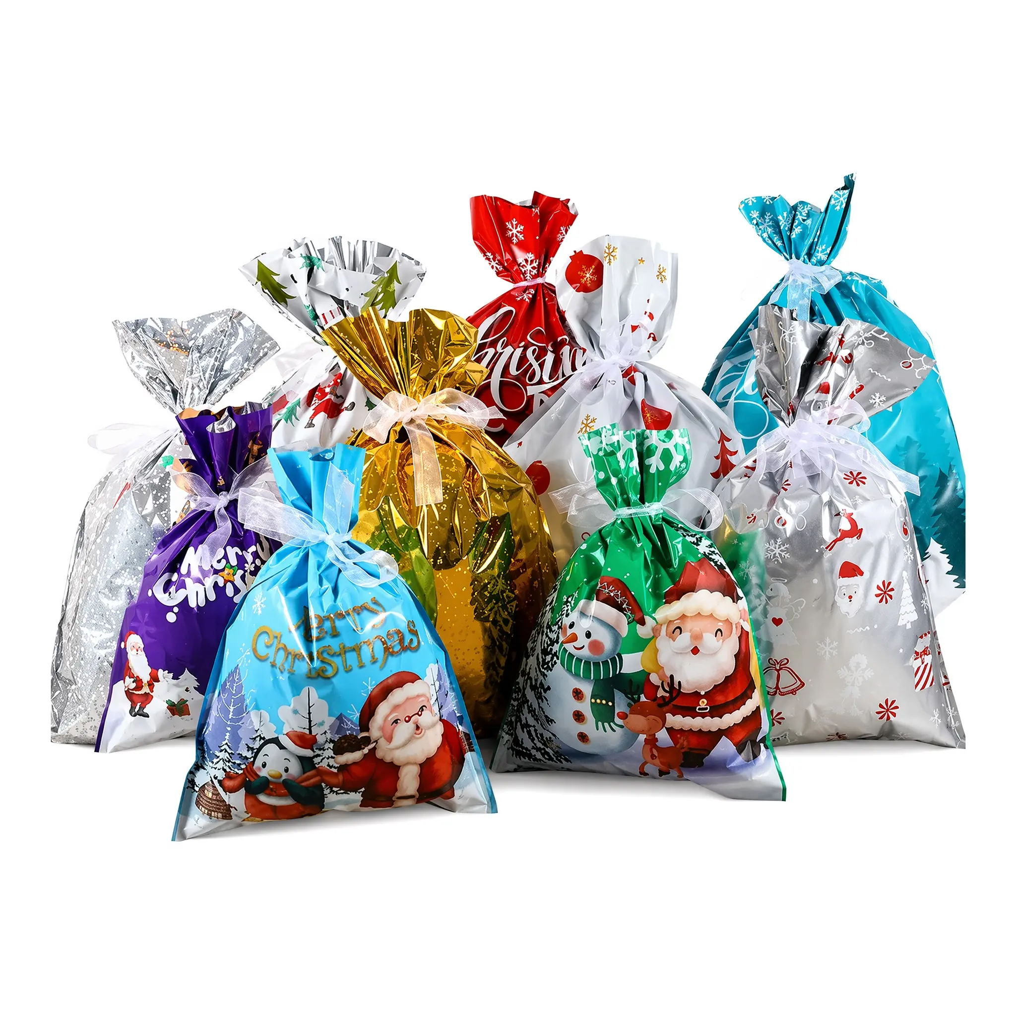 Assorted Festive Drawstring Gift Bags, Cute Holiday Printed Reusable Treat Bags, Foil Candy Cookie Wrapping Pouches for All Holiday Celebrations & Party Giveaways