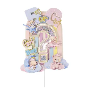 Gender Reveal Cake Topper Decor, Magical Stuffed Teddy Bears & Rainbow Arch Ornaments with Insert for Boy or Girl Party Cake Decorations