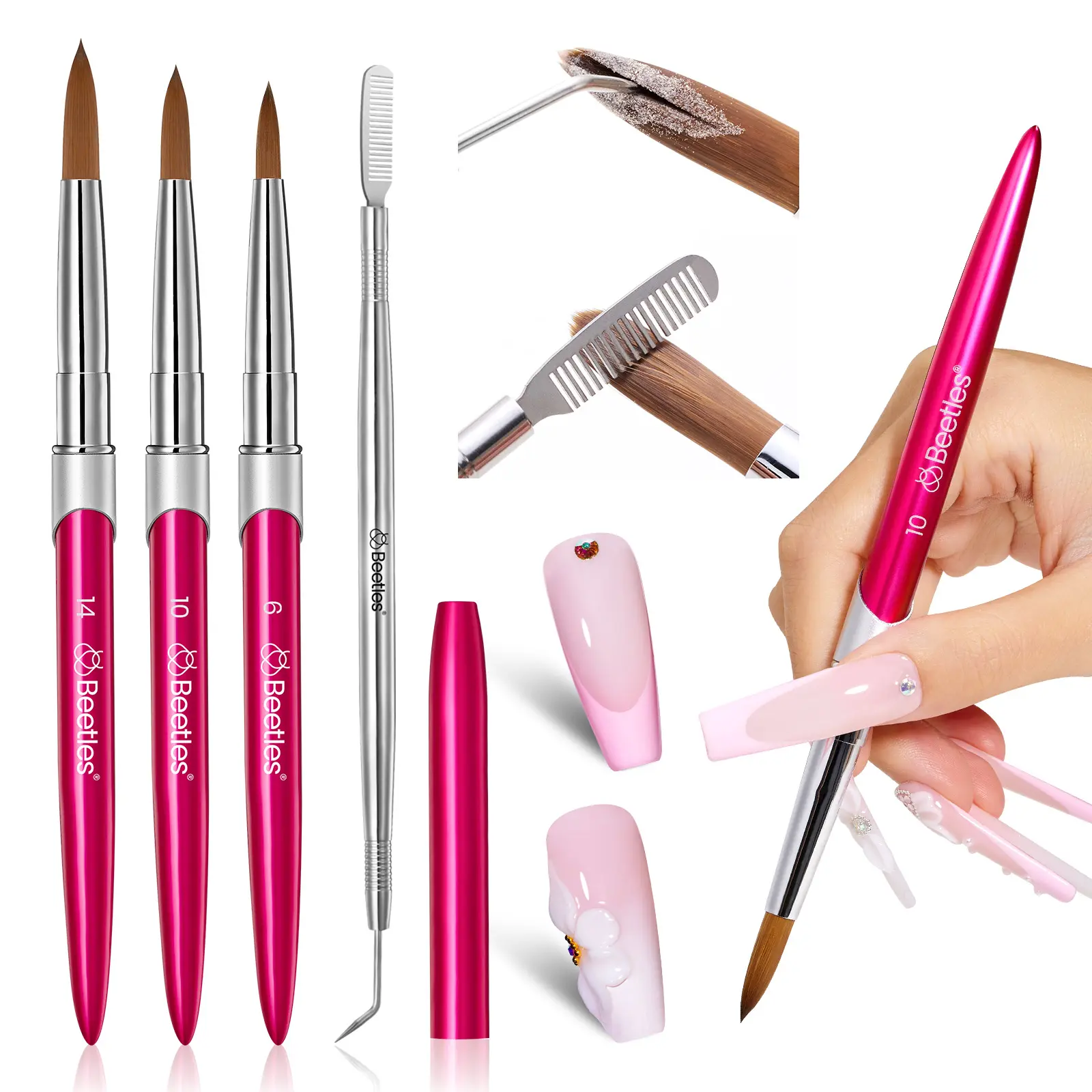 Beetles Acrylic Nail Brush - 3pcs Size 6/10/14 Kolinsky Acrylic Nail Brushes with Cleaner Tool for Acrylics Powder, Nails Extension, 3D Carving Nails Art Tools Home DIY Salon Manicure Design Tool