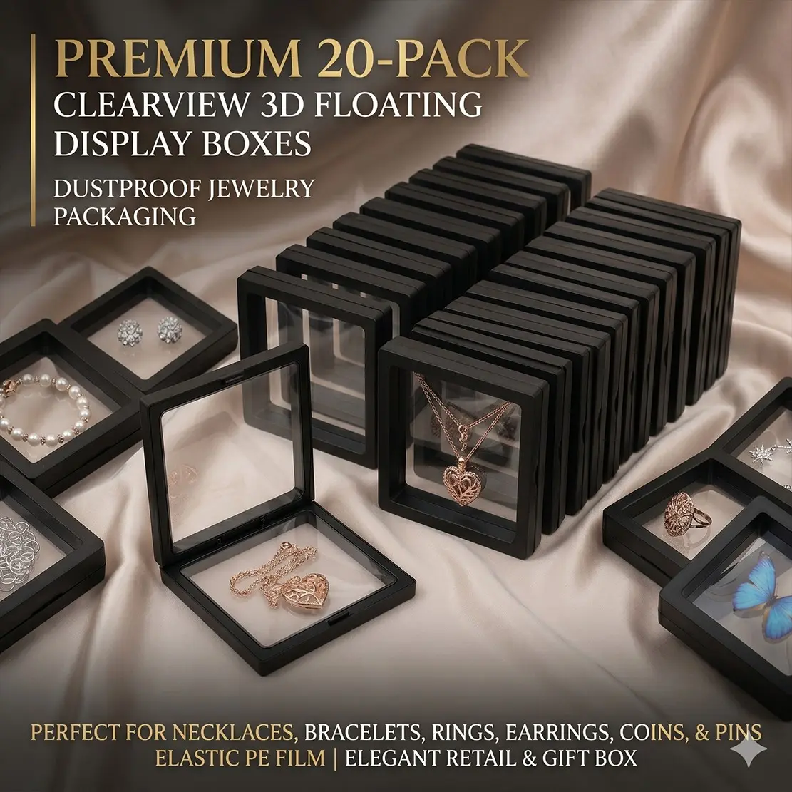 20 Pack Clearview 3D Floating Display Box, Dust-Proof Jewelry Packaging, Transparent Hanging Storage Box for Necklaces, Bracelets, Rings, Coins, Earrings, Pins, Dustproof Plastic Organizer, Display Container, Dust Free Organizer