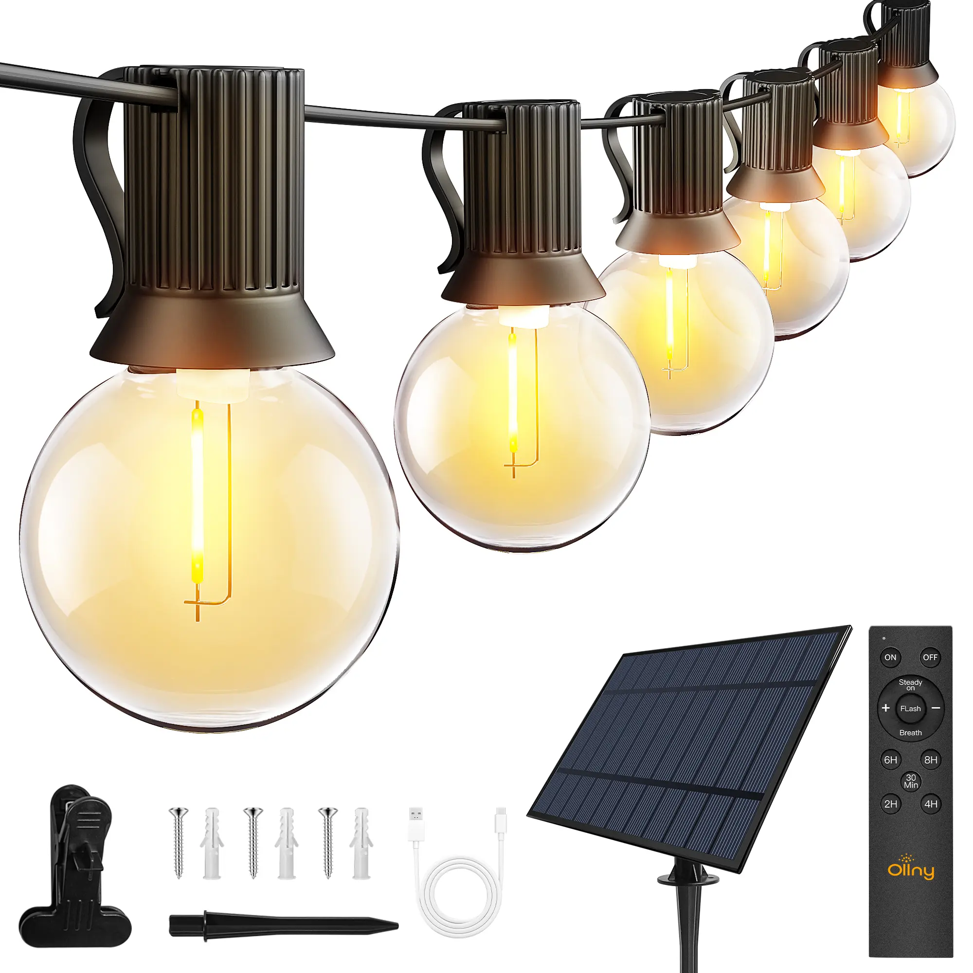 Ollny Solar Patio Lights, Waterproof Remote Control Dimmable Timers 3Modes Outdoor Light with LED +  Spare Shatterproof Bulb, G40 String Lights for Outside Camping Backyard Tree Bistro Garden Porch Decor