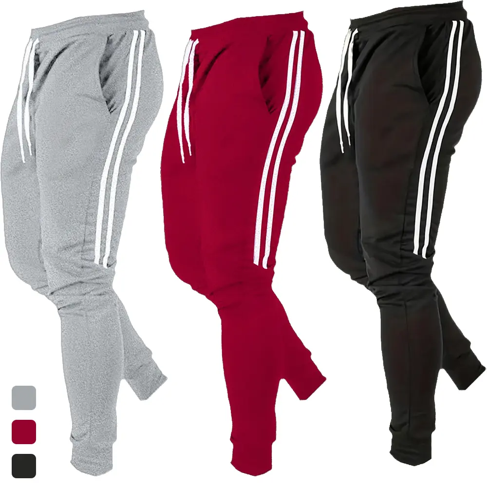 Men’s Polyester Slim-Fit Mid-Waist Casual Sweatpants - Adjustable Drawstring, Double Stripes, Tapered Cuffs, Side Pockets, Athletic Look - Suitable for Stadium Sports, Campus Commuting