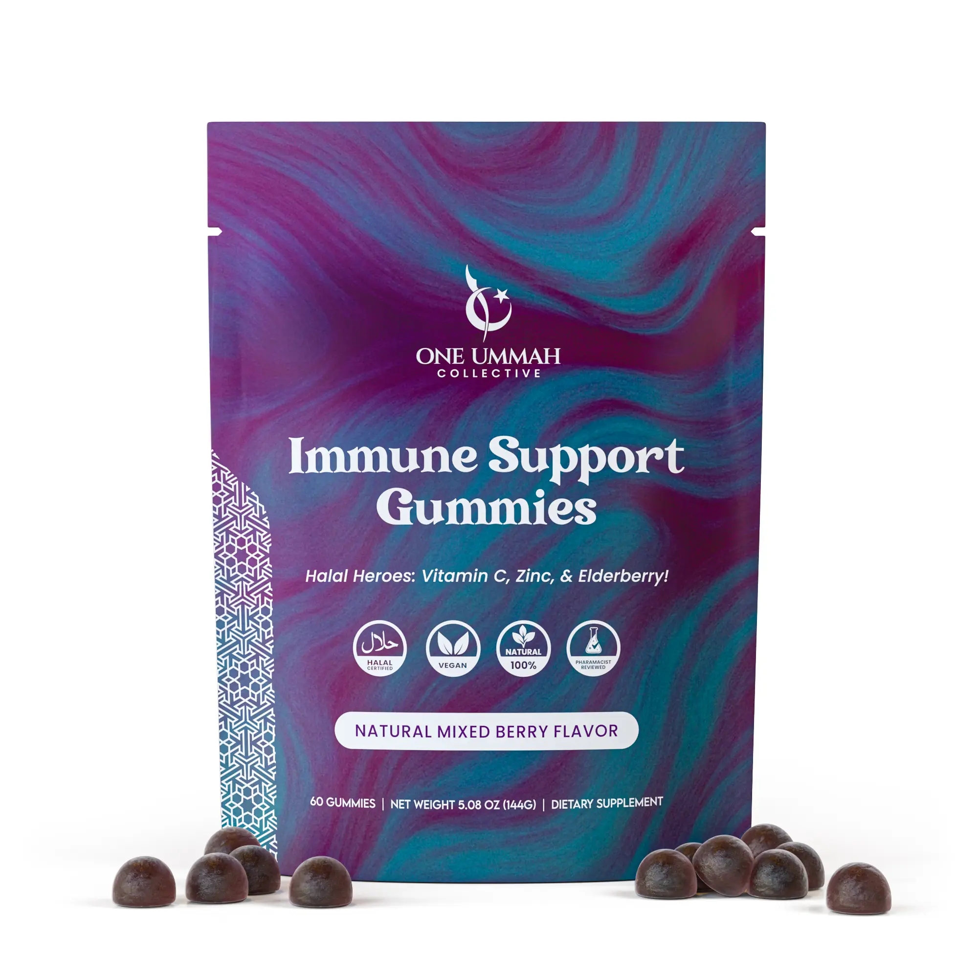 Immune Support Gummies – Halal Certified, Vegan | With Vitamin C, Zinc, Elderberry, Quercetin & Rutin | Antioxidant & Wellness Support for Adults & Kids | 60 Gummies, Edible