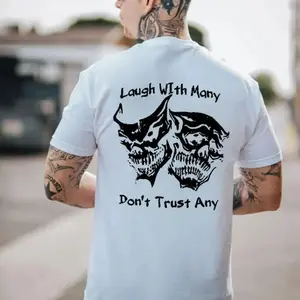 Unisex Dark Punk Aesthetic T Shirt Large Back Print Laugh With Many Don’t Trust Any Grunge Demon Twin Skulls Sketch Print Soft White Cotton Short Sleeve Y2K Gothic Tattoo Men Women Streetwear Gift