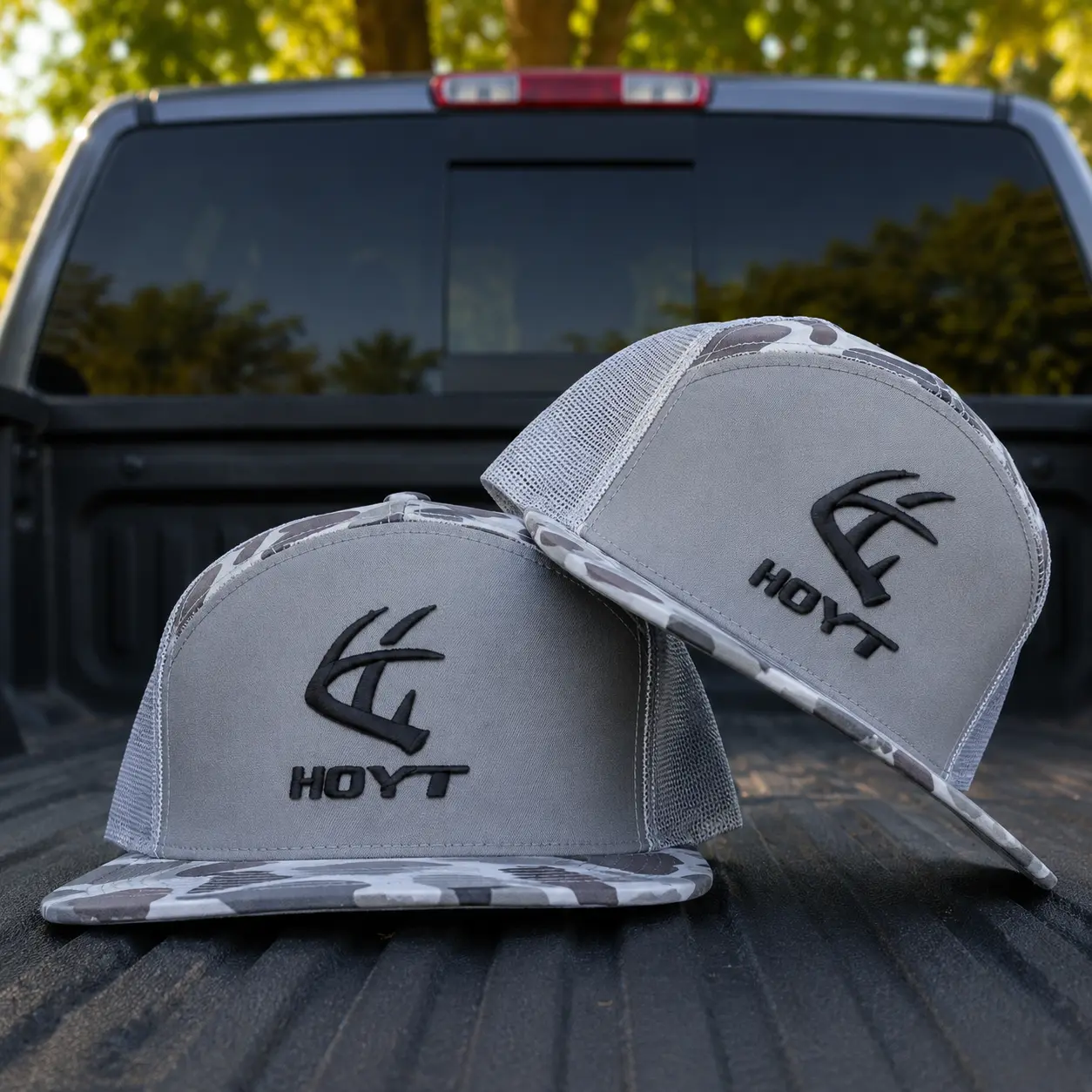 HOYT Antler Logo 7 Panel Black Trucker Hat, White Embroidered Hunting Cap, Deer Hunter Snapback Hat, Outdoor Bowhunting Hat, Mesh Back Hunting Cap