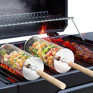 Rolling Grill Baskets (2PCS), Removable Wooden Handle, Nesting Design, 304 Stainless Steel, Heavy Duty Grilling Cage Net, BBQ Accessories Tools for Vegetable Shrimp, Outdoor Camping Kitchen, Backyard Cooking, Birthday Gifts for Men Dad Husband