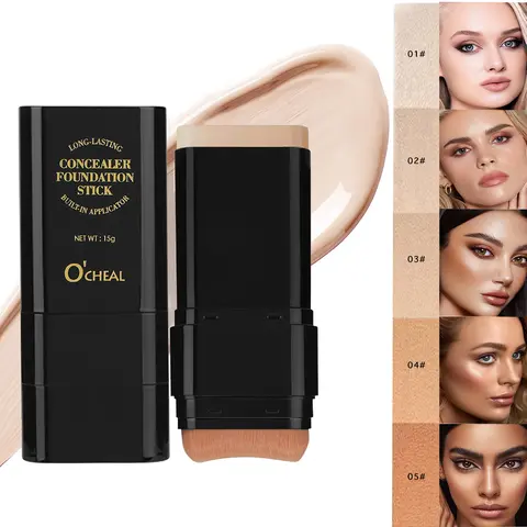 5 Shades Waterproof Concealer Stick with Applicator Brush - Full Coverage Hide Acne Scars, Lightweight Travel-Friendly for All Skin Types medium coverage