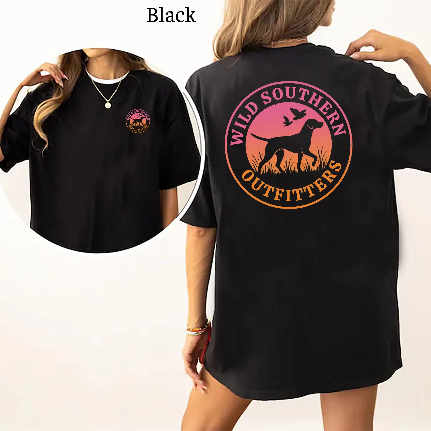 Wild Southern Outfitters Sunset Emblem 2-Sides T-shirt, Wild Southern Hunting Dog T-shirt, Simply Printed Graphic Shirt, Daily Casual Cotton Womenswear