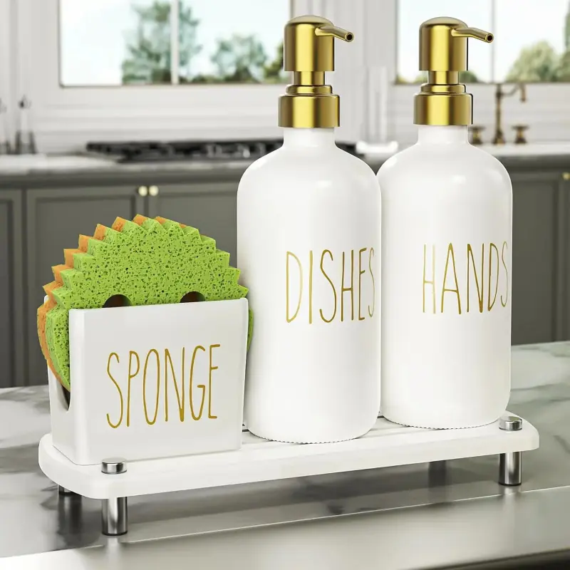 Modern Ceramic Gold&Black Kitchen Soap Dispenser Set - Hand & Dish Soap Use, Gold Pumps, Sponge Holder, Instant Dry Tray