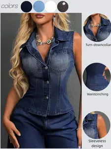 Elegant Fitted Sleeveless Denim Jacket for Women, Casual All-Season Wear, Unique Fashion Design, Plain Pattern, with Collar