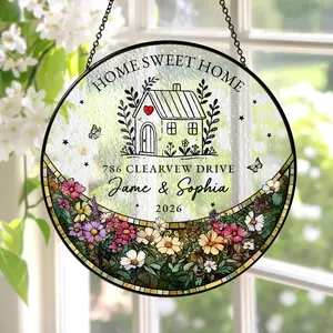 Personalized First Home Stained Glass Suncatcher, New Home Occasion Housewarming Gift For Moving In Friend, Realtor Keepsake