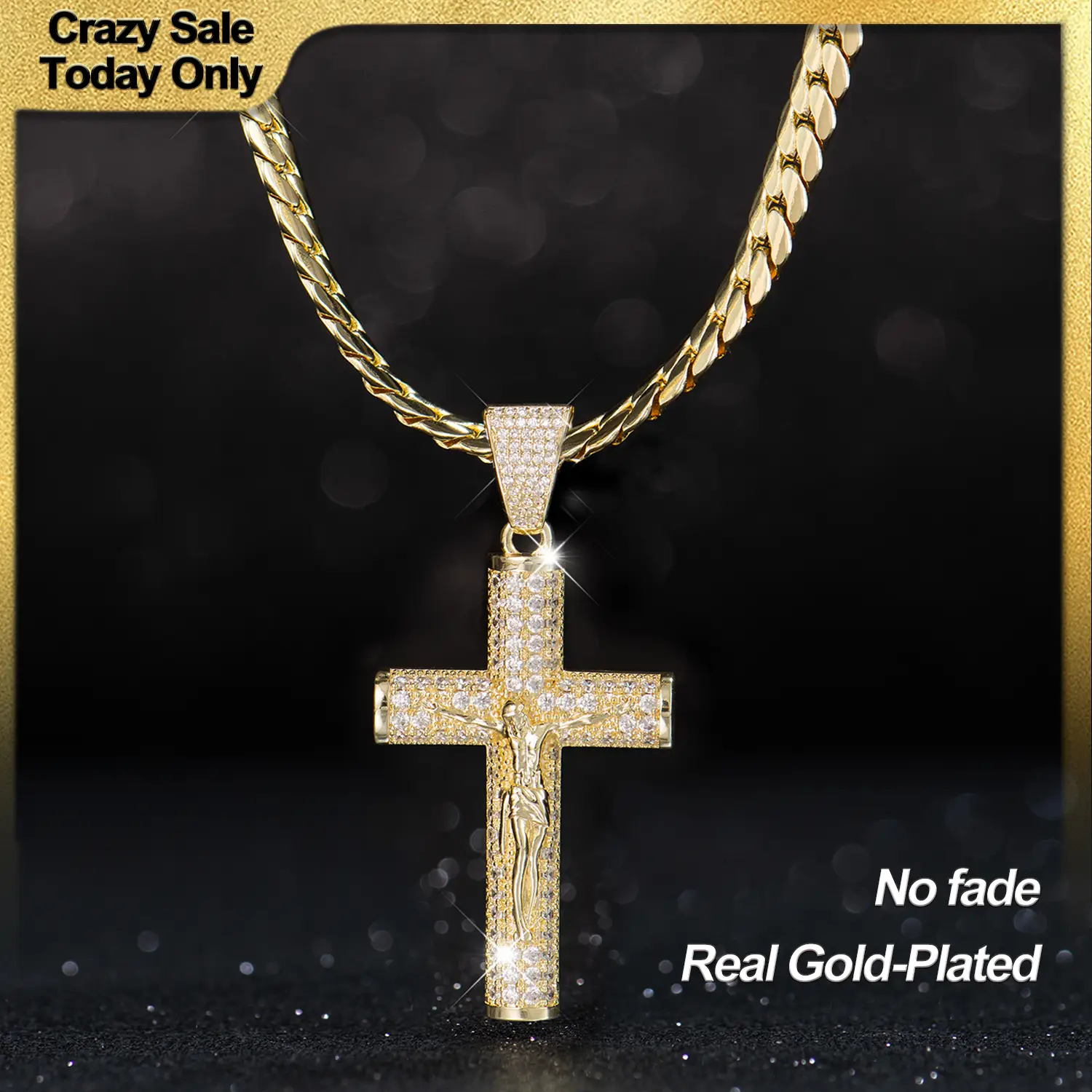 Holylegend 14K Gold-Plated Miami,Cuban & Figaro Chain with Cross,24 inches Long and 6mm Wide,High Quality