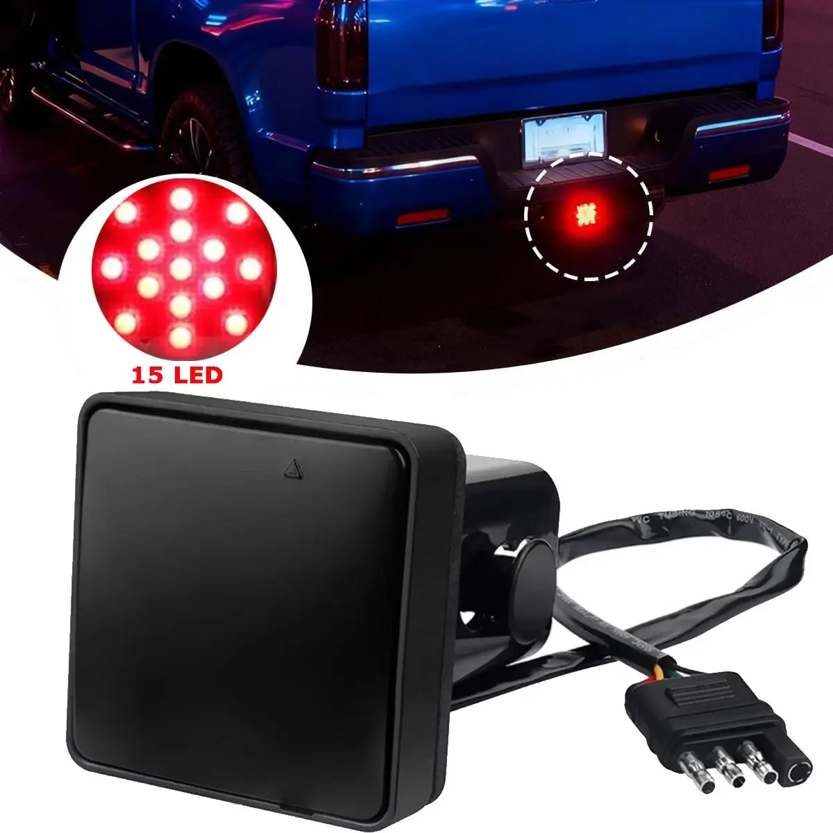 15-LED Brake Light Trailer Hitch Cover, 12V Bright Smoked Lens Tail Light for 2-inch Towing Hitch Receiver, Waterproof Square Brake and Driving Light Exterior Accessories for Trucks, SUVs, and RVs