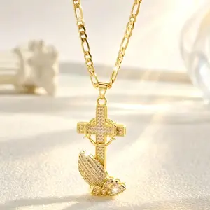 14K Gold Plated Cross Necklace for Women Men Iced Out CZ Angel Wing Heart Pendant Religious Christian Jewelry Baptism Confirmation Gift for Her Him