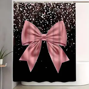 Elegant Bowknot Shower Curtain Set, Waterproof Polyester Bathroom Decor, Bathroom Accessory, Includes 12 Hooks, Non-Slip Mat, U-Shaped Rug, Toilet Seat Cover, Bathroom Decoration Accessories
