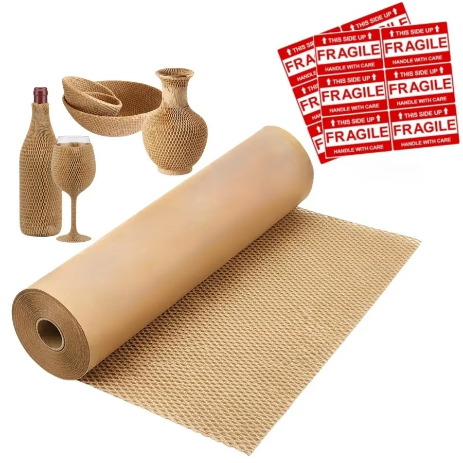 1Roll Honeycomb Packing Paper, Packaging Paper,11.8 inch x 32 ft Bubble Cushioning Wrap for Packing Moving,Wrapping Paper,Recyclable and Biodegradable Shipping Packing Materials with 12 Fragile Sticker Labels, Gift Wrapping
